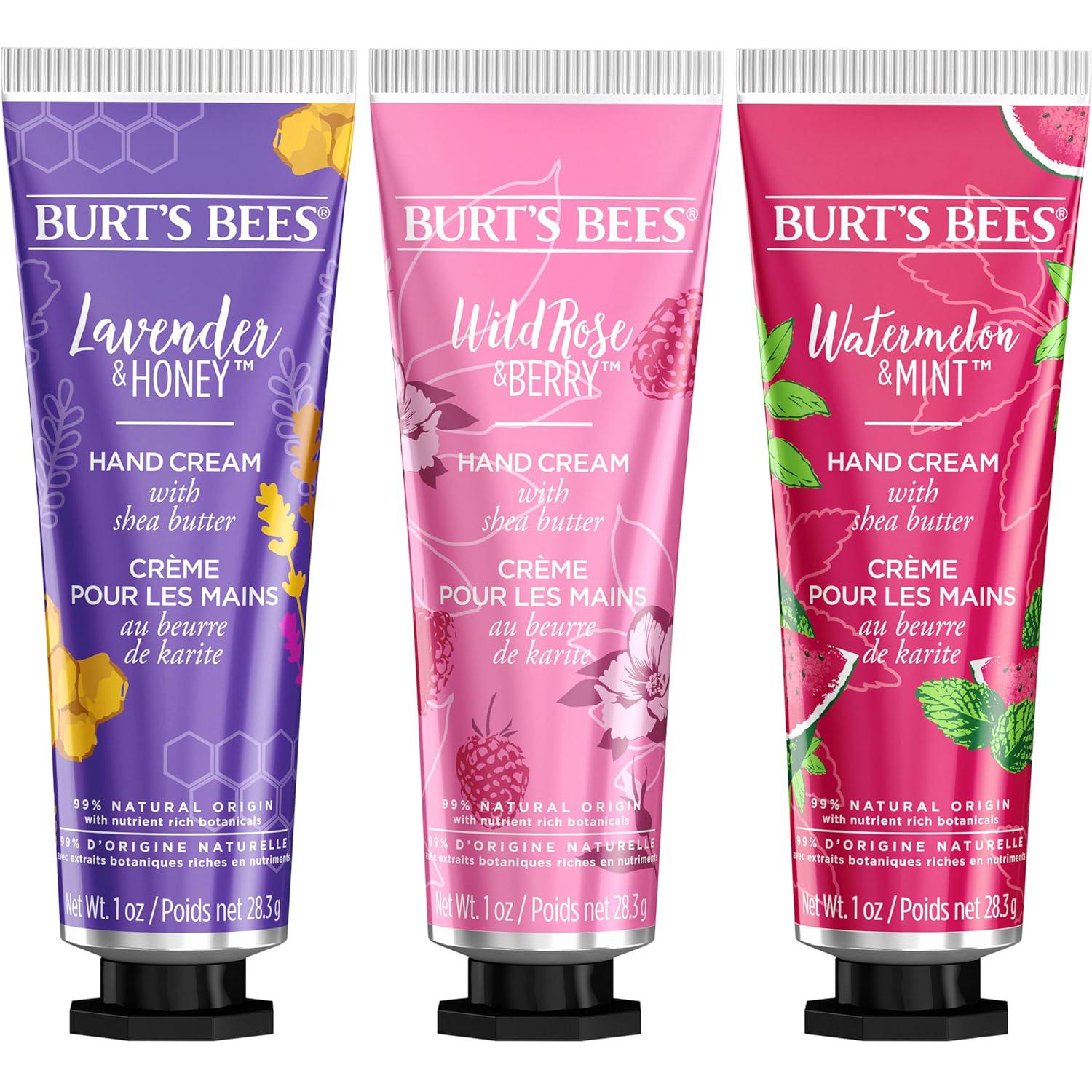 Burt's Bees Christmas Gifts, 3 Body Skincare Stocking Stuffers, Shea Butter Hand Cream Trio Set - Lavender Honey, Watermelon Mint And Wild Rose Berry (3-Pack),