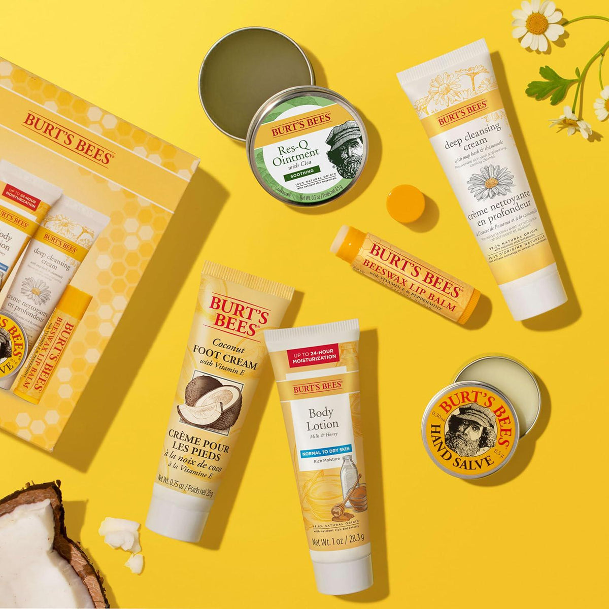 Burt's Bees Christmas Gifts, 6 Stocking Stuffers Products, Timeless Minis Kit - Original Beeswax Lip Balm, Coconut Foot Cream, Milk Honey Body Lotion, Deep Cleansing Cream, Res-Q Ointment And Hand Salve,