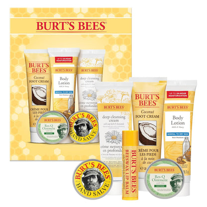 Burt's Bees Christmas Gifts, 6 Stocking Stuffers Products, Timeless Minis Kit - Original Beeswax Lip Balm, Coconut Foot Cream, Milk Honey Body Lotion, Deep Cleansing Cream, Res-Q Ointment And Hand Salve,
