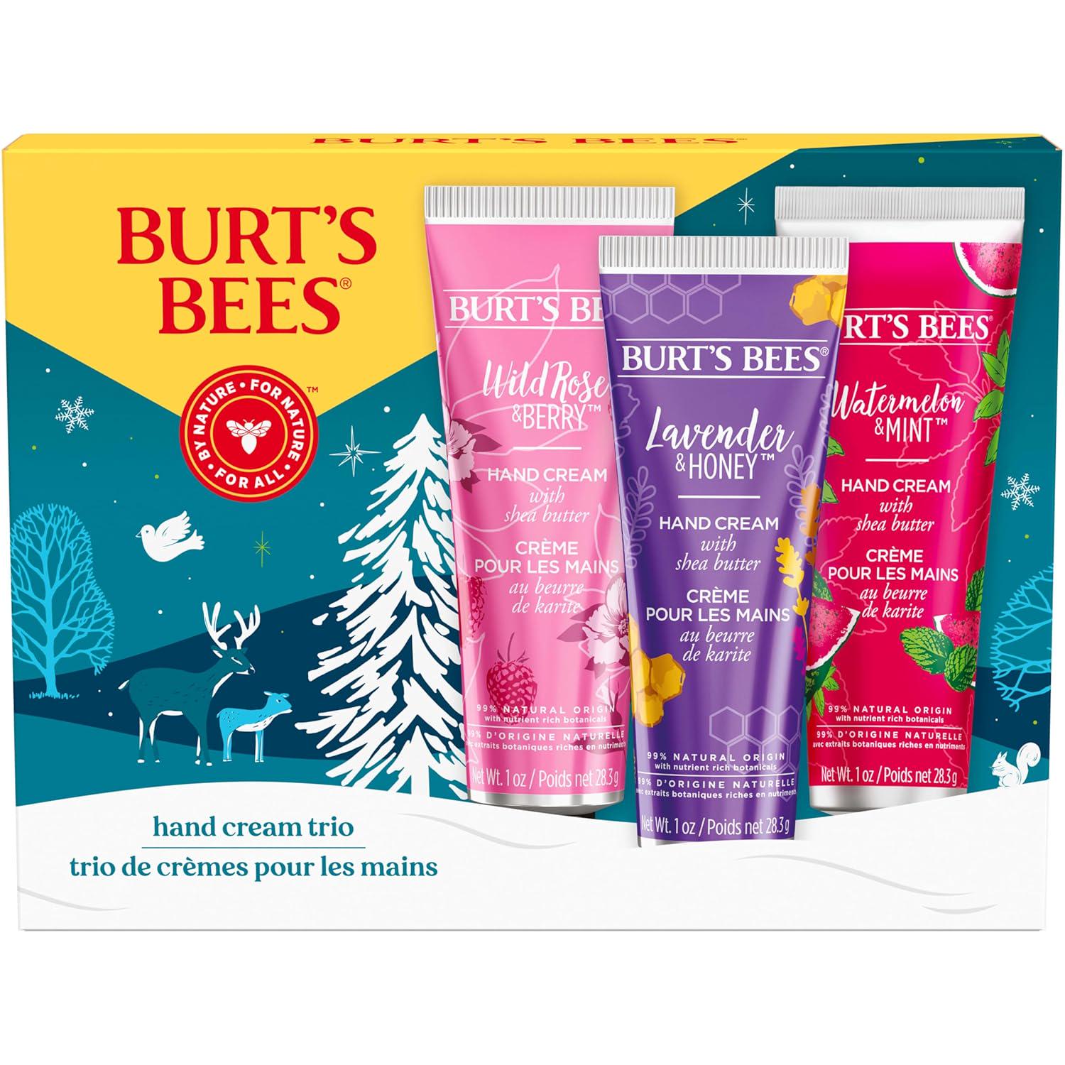 Burt's Bees Christmas Gifts, 3 Body Skincare Stocking Stuffers, Shea Butter Hand Cream Trio Set - Lavender Honey, Watermelon Mint And Wild Rose Berry (3-Pack),