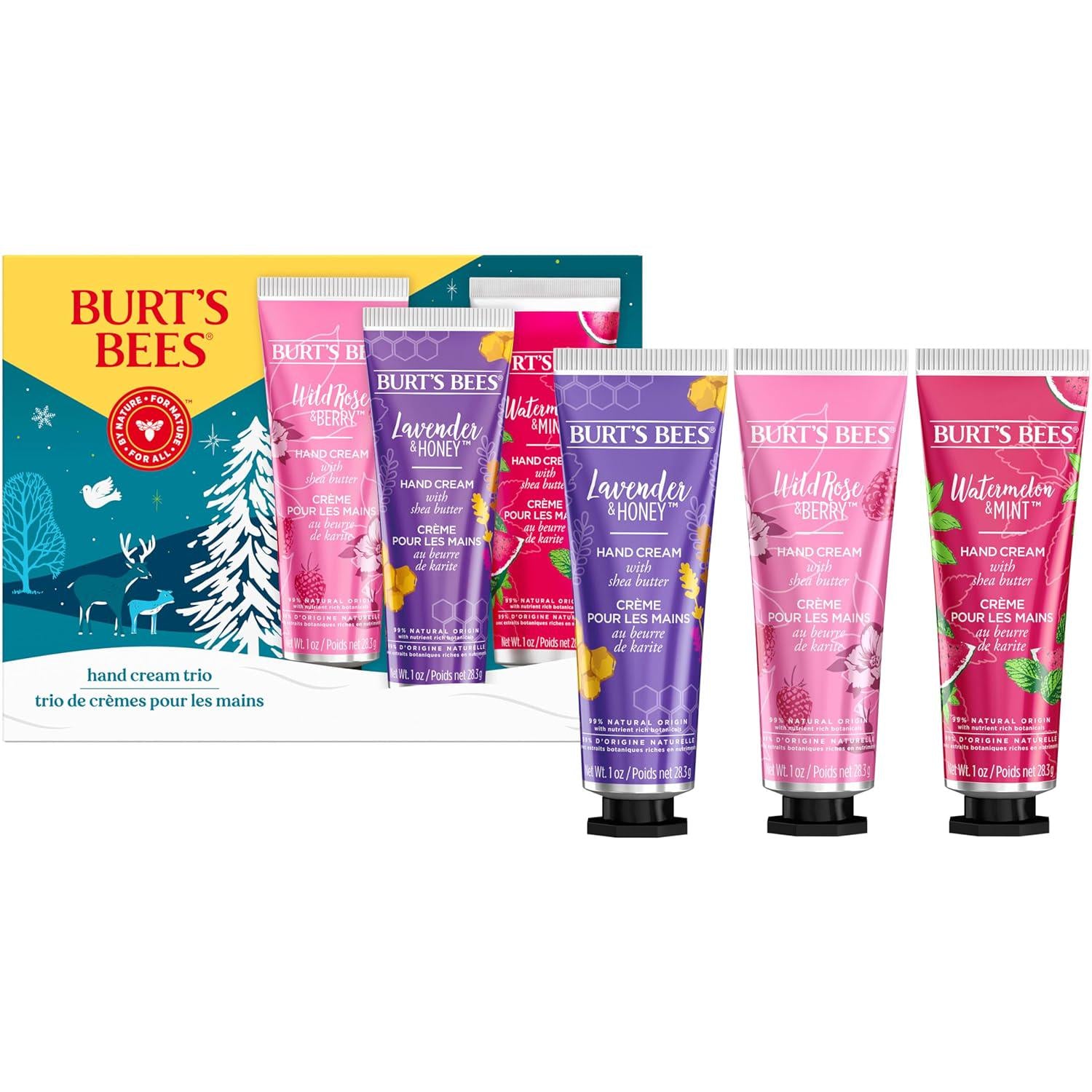 Burt's Bees Christmas Gifts, 3 Body Skincare Stocking Stuffers, Shea Butter Hand Cream Trio Set - Lavender Honey, Watermelon Mint And Wild Rose Berry (3-Pack),