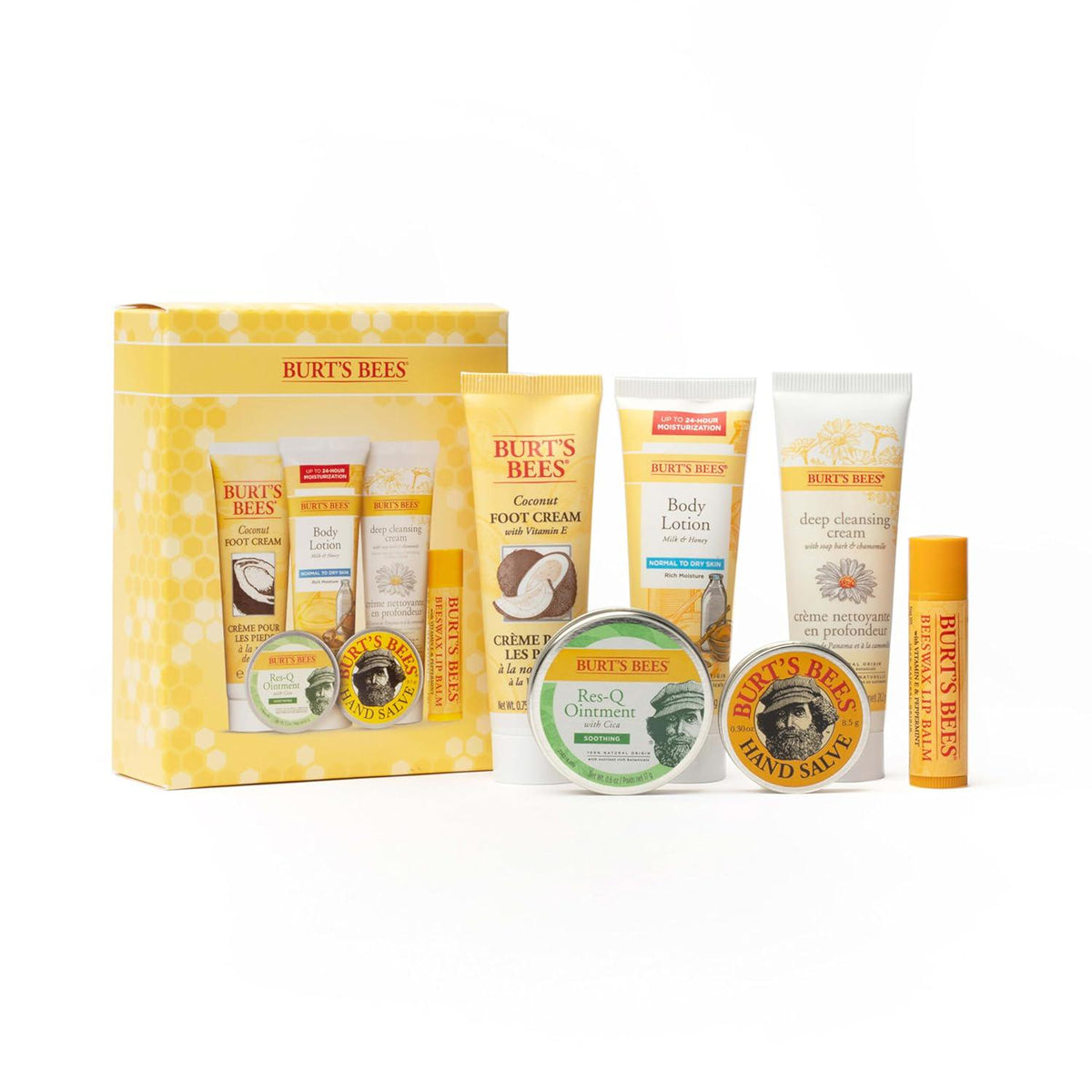 Burt's Bees Christmas Gifts, 6 Stocking Stuffers Products, Timeless Minis Kit - Original Beeswax Lip Balm, Coconut Foot Cream, Milk Honey Body Lotion, Deep Cleansing Cream, Res-Q Ointment And Hand Salve,