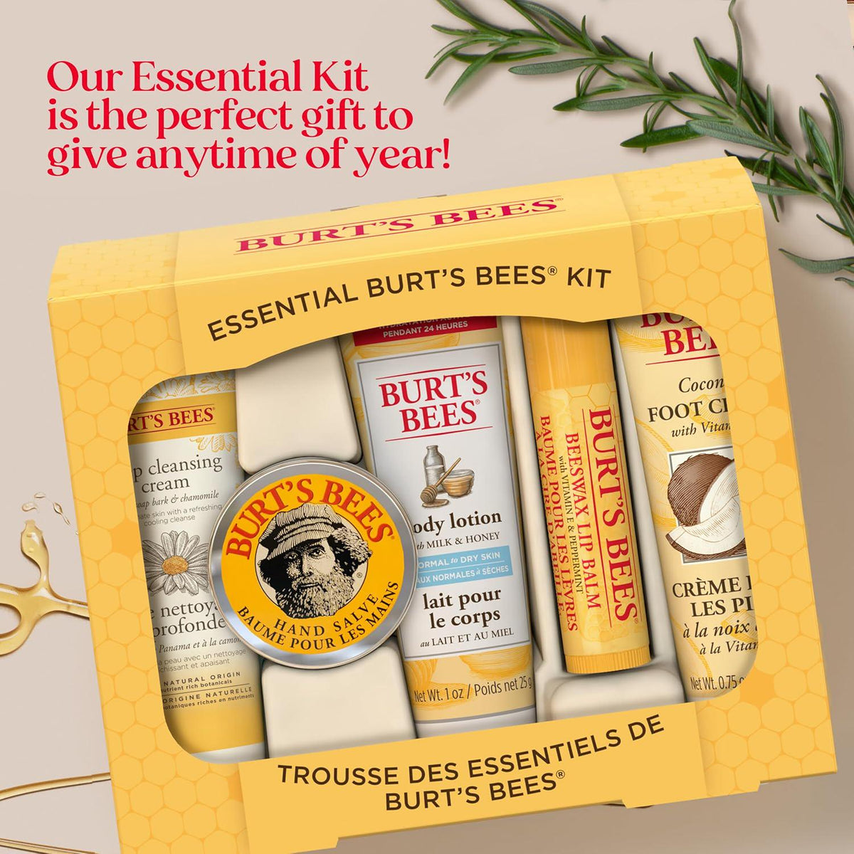 Burt's Bees Essential Everyday Beauty Valentines Day Gifts Set, 5 Travel Size Products - Deep Cleansing Cream, Hand Salve, Body Lotion, Foot Cream And Lip Balm,