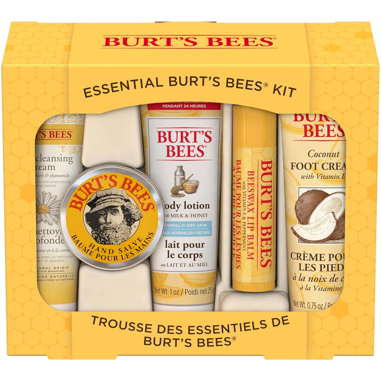 Burt's Bees Essential Everyday Beauty Valentines Day Gifts Set, 5 Travel Size Products - Deep Cleansing Cream, Hand Salve, Body Lotion, Foot Cream And Lip Balm,