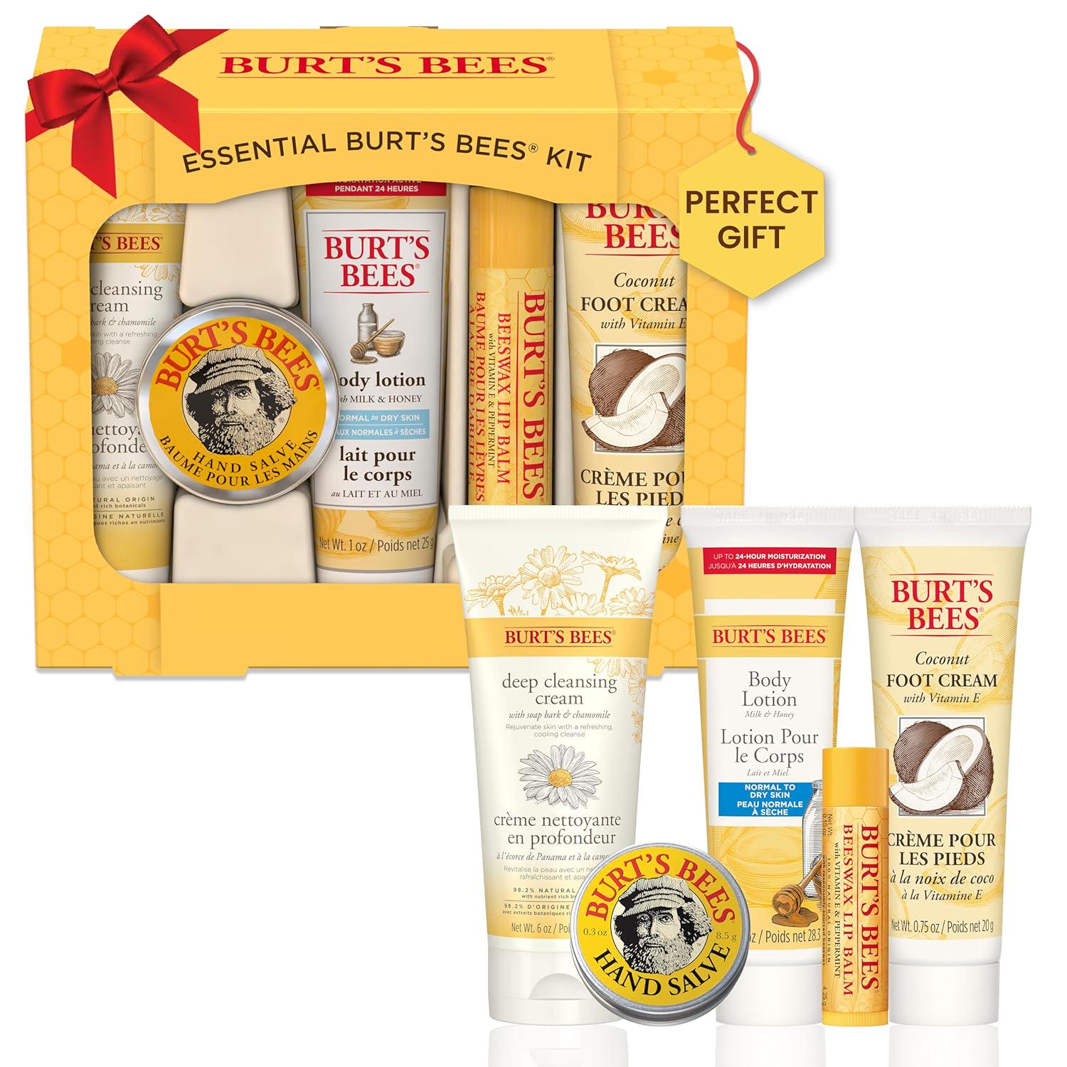 Burt's Bees Essential Everyday Beauty Valentines Day Gifts Set, 5 Travel Size Products - Deep Cleansing Cream, Hand Salve, Body Lotion, Foot Cream And Lip Balm,