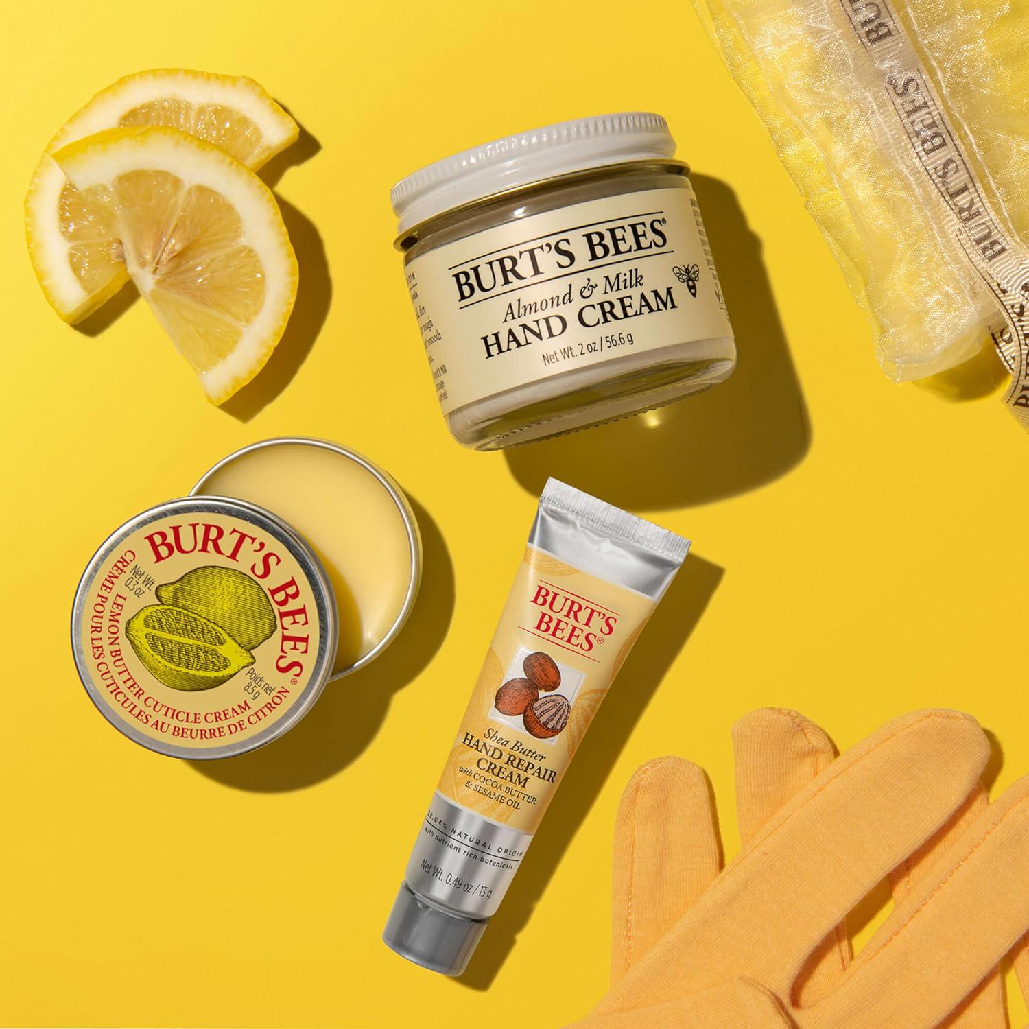Burt's Bees Hand Repair Valentines Day Gifts Set, 3 Hand Creams Plus Gloves - Almond Milk Hand Cream, Lemon Butter Cuticle Cream, Shea Butter Hand Repair Cream,