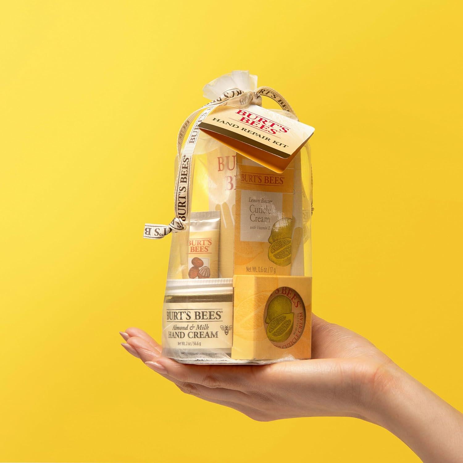Burt's Bees Hand Repair Valentines Day Gifts Set, 3 Hand Creams Plus Gloves - Almond Milk Hand Cream, Lemon Butter Cuticle Cream, Shea Butter Hand Repair Cream,