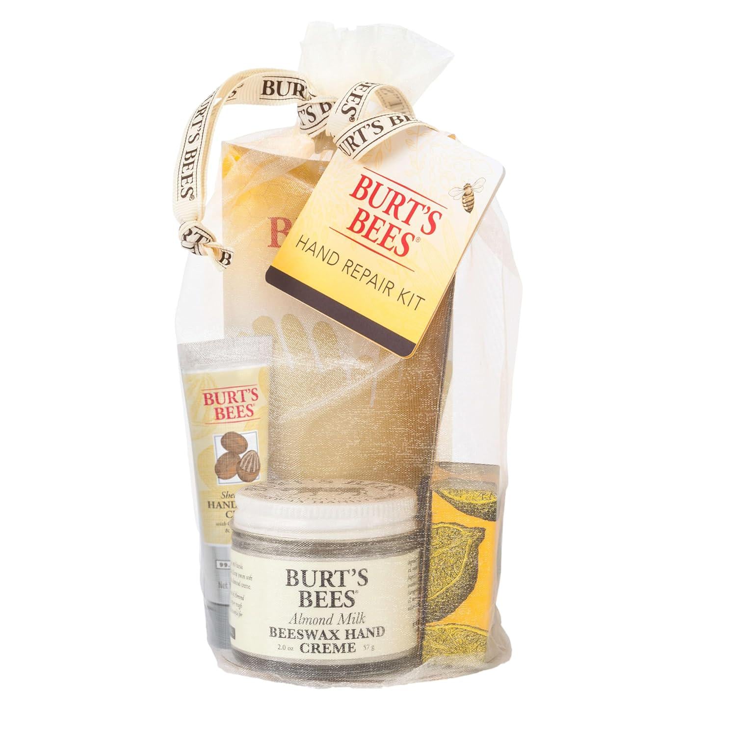 Burt's Bees Hand Repair Valentines Day Gifts Set, 3 Hand Creams Plus Gloves - Almond Milk Hand Cream, Lemon Butter Cuticle Cream, Shea Butter Hand Repair Cream,
