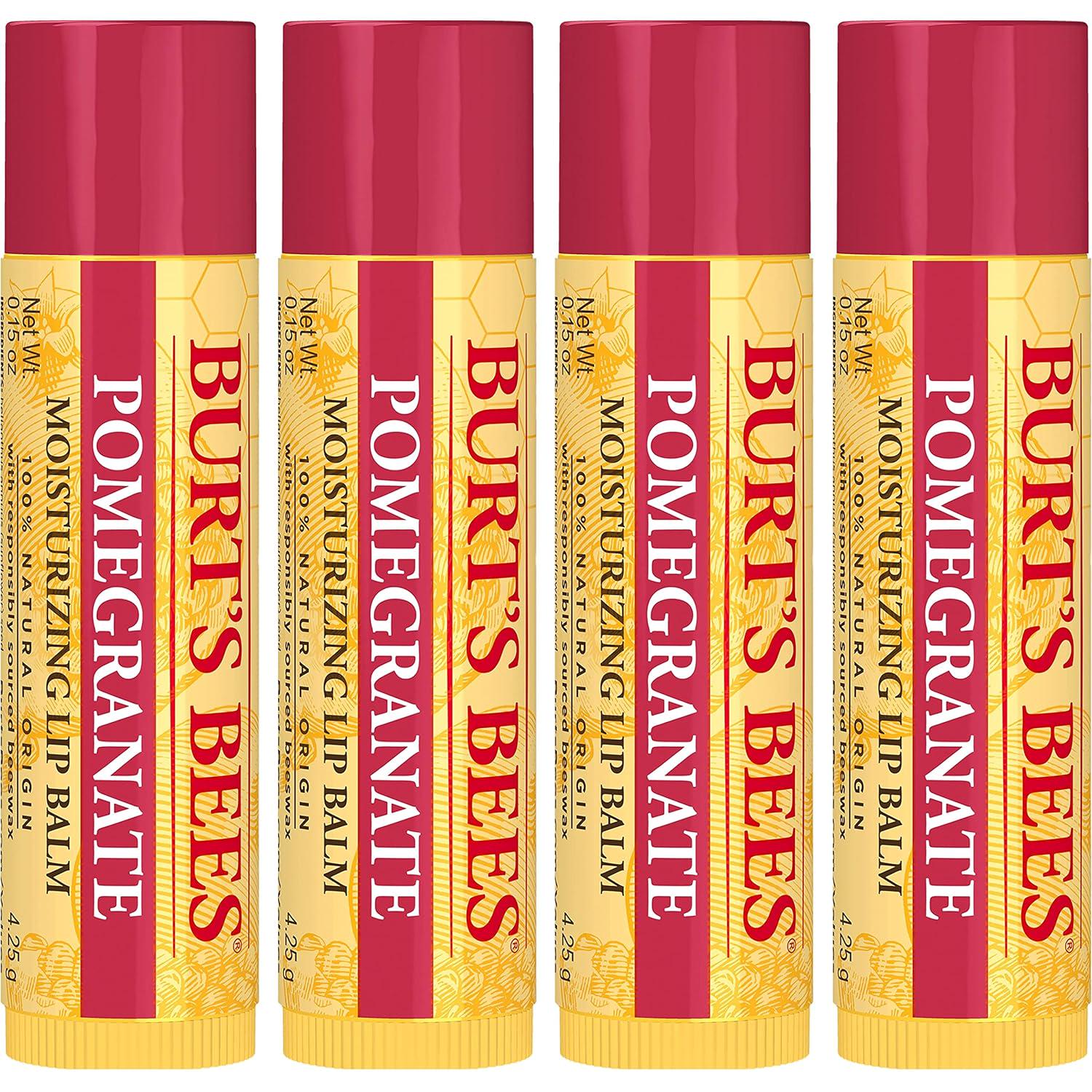 Burt's Bees Lip Balm Valentines Day Gifts, Pomegranate, Lip Moisturizer With Responsibly Sourced Beeswax, Tint-Free, Natural Conditioning Lip Treatment, 4 Tubes, 0.15 Oz.,
