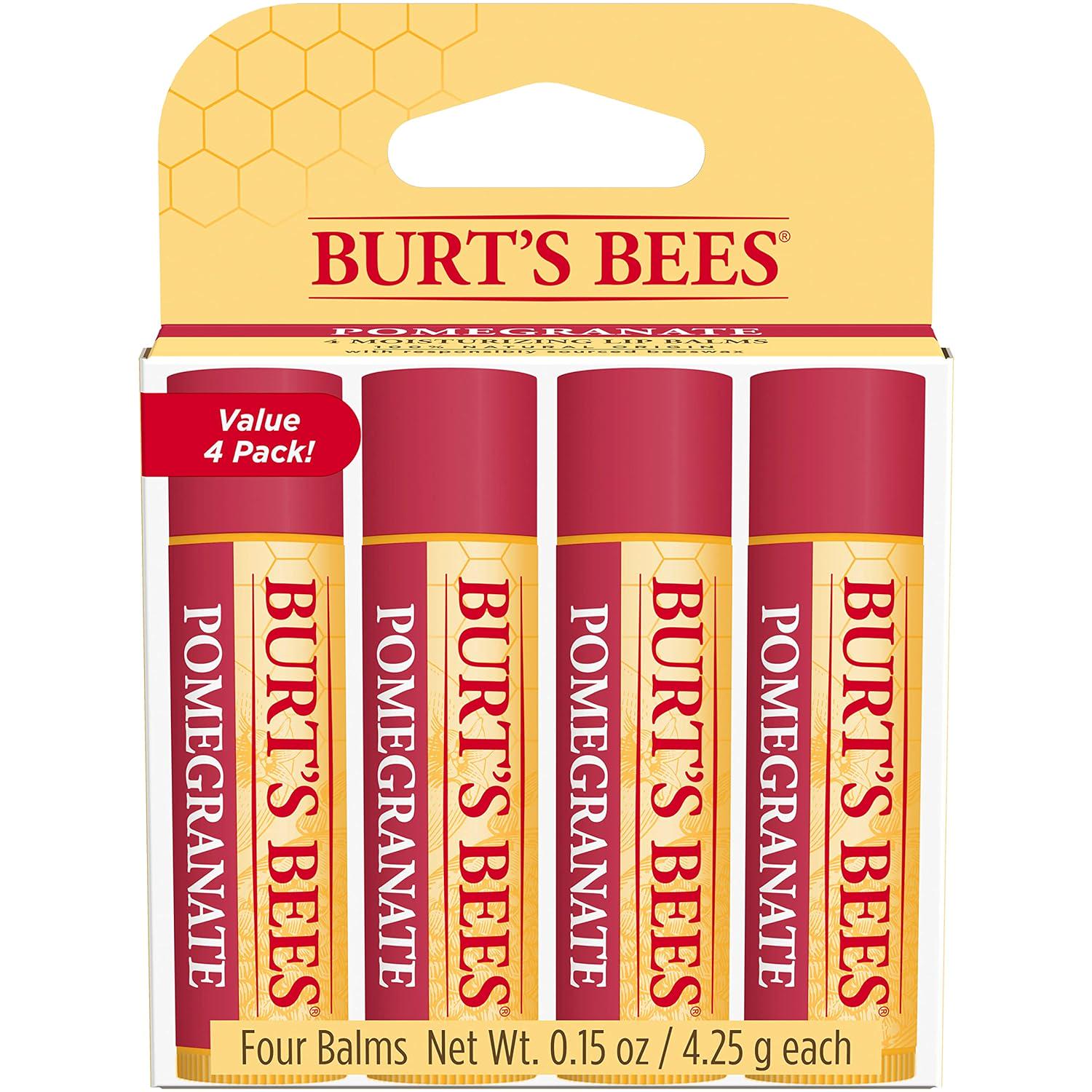 Burt's Bees Lip Balm Valentines Day Gifts, Pomegranate, Lip Moisturizer With Responsibly Sourced Beeswax, Tint-Free, Natural Conditioning Lip Treatment, 4 Tubes, 0.15 Oz.,