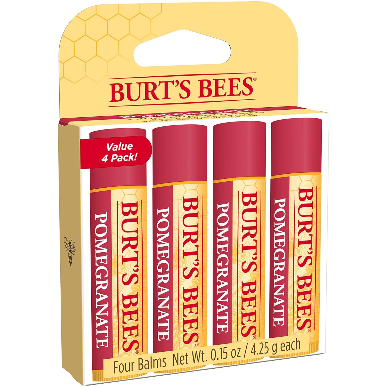 Burt's Bees Lip Balm Valentines Day Gifts, Pomegranate, Lip Moisturizer With Responsibly Sourced Beeswax, Tint-Free, Natural Conditioning Lip Treatment, 4 Tubes, 0.15 Oz.,