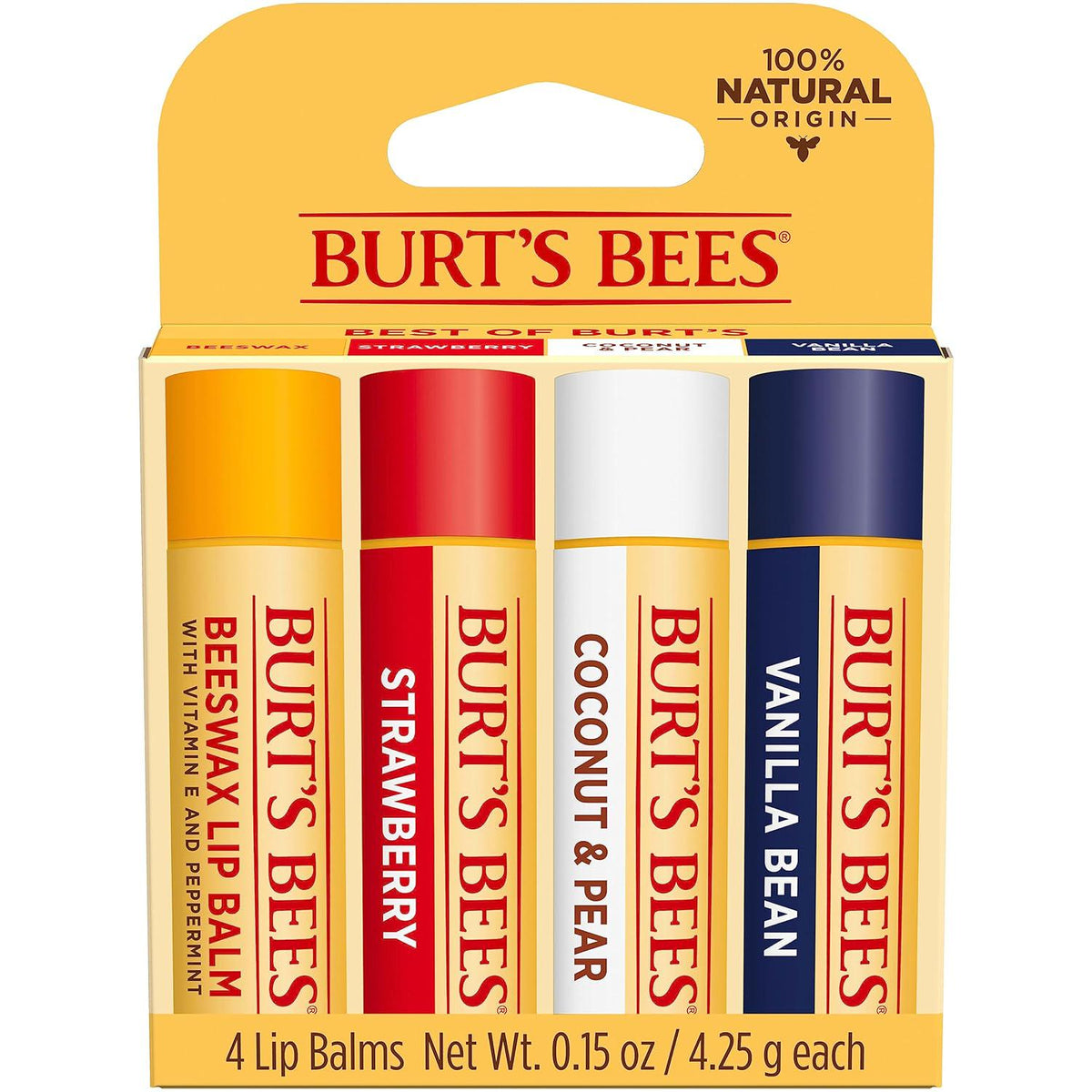 Burt's Bees Lip Balm Stocking Stuffers, Moisturizing Lip Care Christmas Gifts, Original Beeswax, Strawberry, Coconut And Pear, Vanilla Bean With Fruit Extracts, Natural Origin Lip Care (4-Pack),