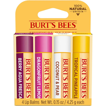 Burt's Bees Lip Balm Stocking Stuffers, Moisturizing Lip Care Christmas Gifts, Tropical - Pineapple, Berry Agua Fresca, Dragon Fruit Lemon And Coconut And Pear, Natural Origin Treatment (4-Pack),