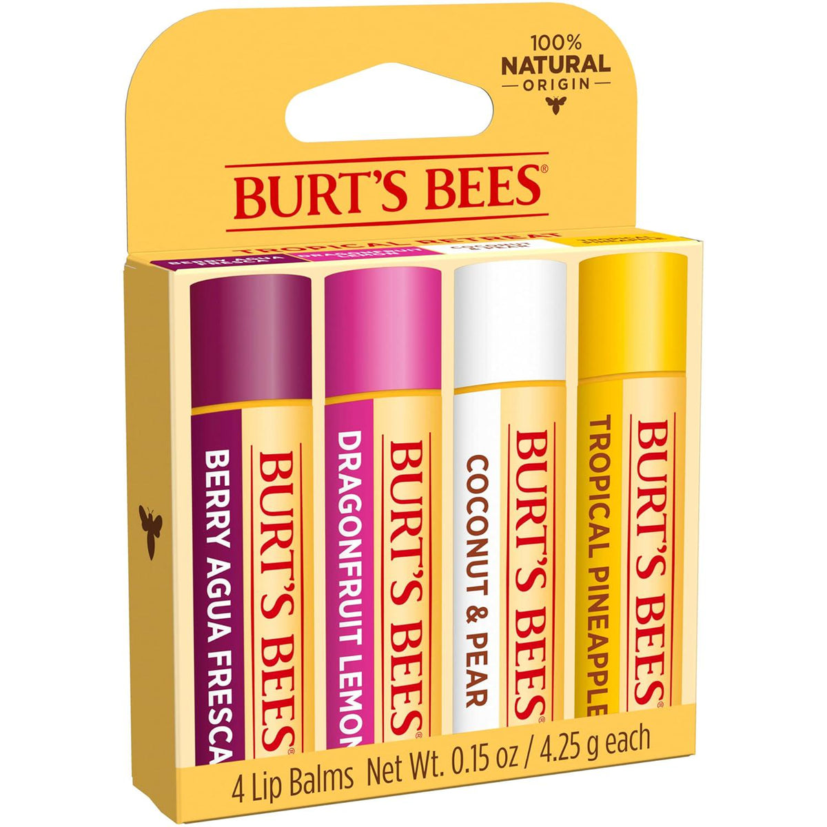 Burt's Bees Lip Balm Stocking Stuffers, Moisturizing Lip Care Christmas Gifts, Tropical - Pineapple, Berry Agua Fresca, Dragon Fruit Lemon And Coconut And Pear, Natural Origin Treatment (4-Pack),