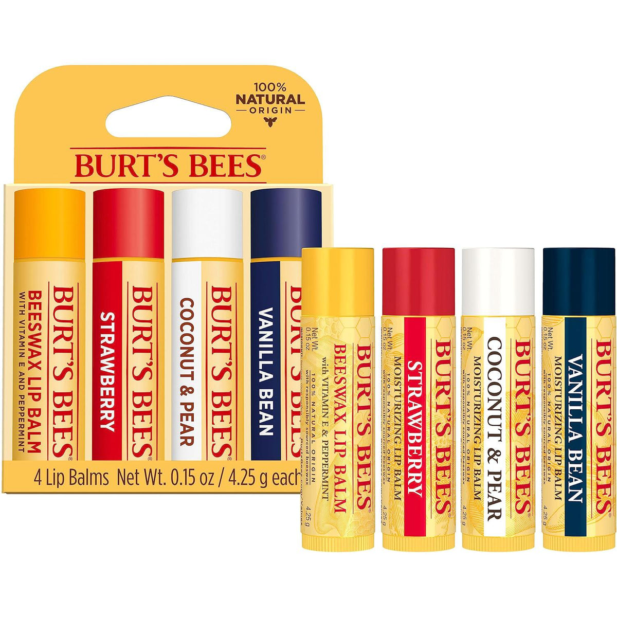 Burt's Bees Lip Balm Stocking Stuffers, Moisturizing Lip Care Christmas Gifts, Original Beeswax, Strawberry, Coconut And Pear, Vanilla Bean With Fruit Extracts, Natural Origin Lip Care (4-Pack),