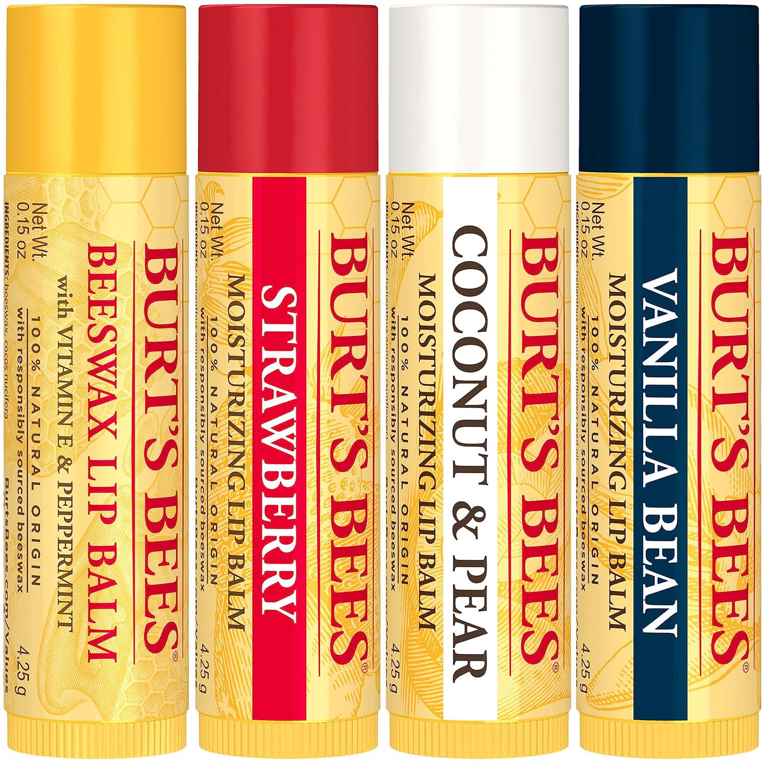 Burt's Bees Lip Balm Stocking Stuffers, Moisturizing Lip Care Christmas Gifts, Original Beeswax, Strawberry, Coconut And Pear, Vanilla Bean With Fruit Extracts, Natural Origin Lip Care (4-Pack),