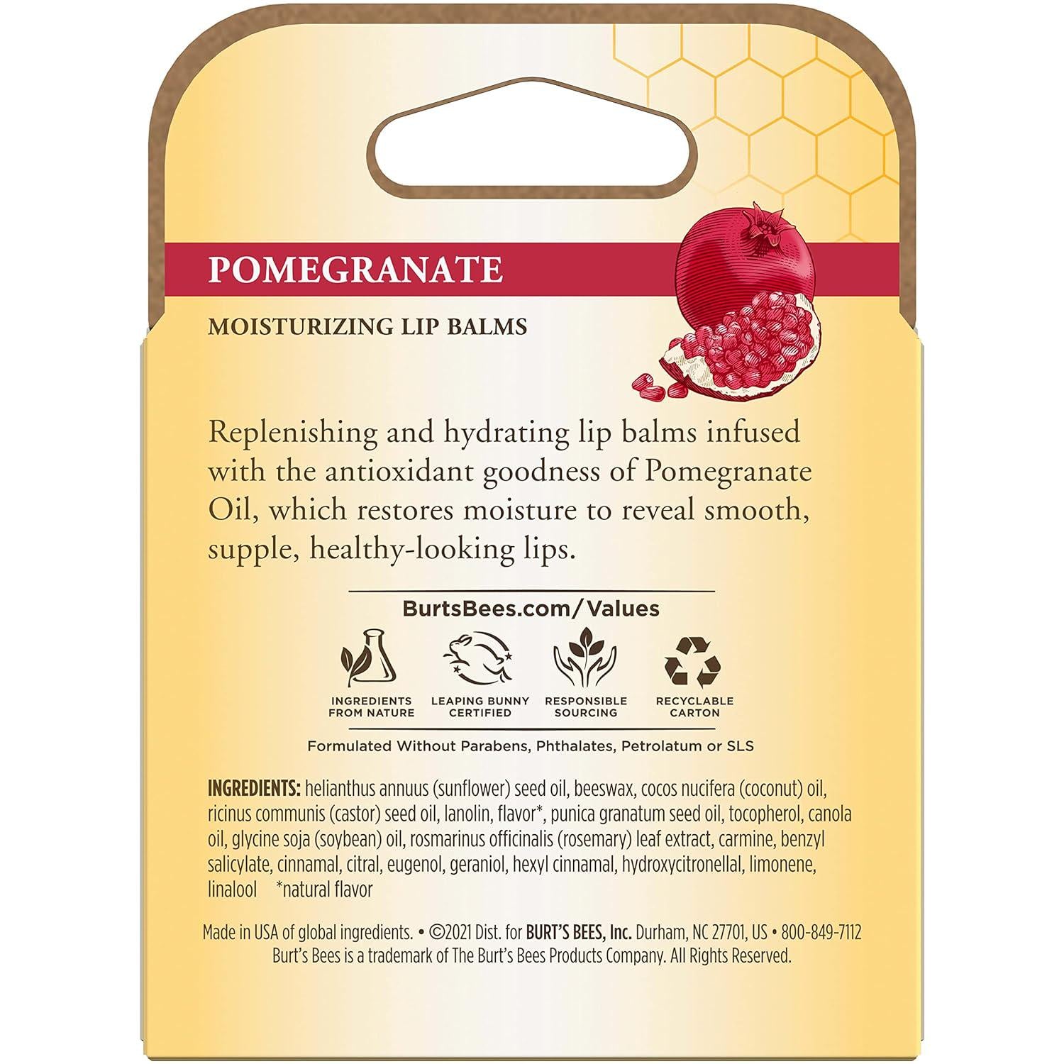 Burt's Bees Lip Balm Valentines Day Gifts, Pomegranate, Lip Moisturizer With Responsibly Sourced Beeswax, Tint-Free, Natural Conditioning Lip Treatment, 4 Tubes, 0.15 Oz.,