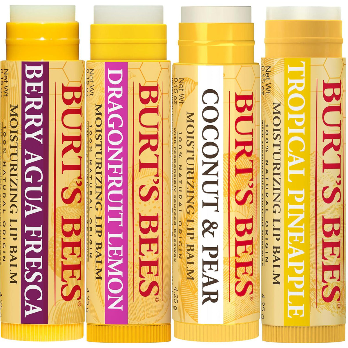 Burt's Bees Lip Balm Stocking Stuffers, Moisturizing Lip Care Christmas Gifts, Tropical - Pineapple, Berry Agua Fresca, Dragon Fruit Lemon And Coconut And Pear, Natural Origin Treatment (4-Pack),