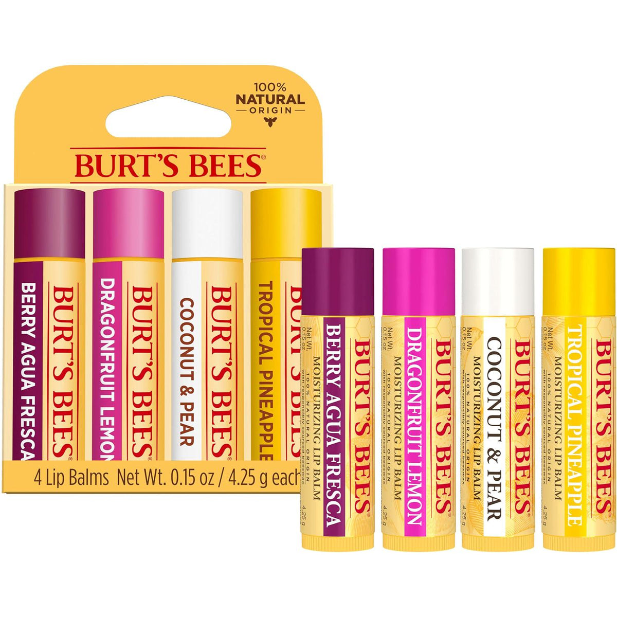 Burt's Bees Lip Balm Stocking Stuffers, Moisturizing Lip Care Christmas Gifts, Tropical - Pineapple, Berry Agua Fresca, Dragon Fruit Lemon And Coconut And Pear, Natural Origin Treatment (4-Pack),