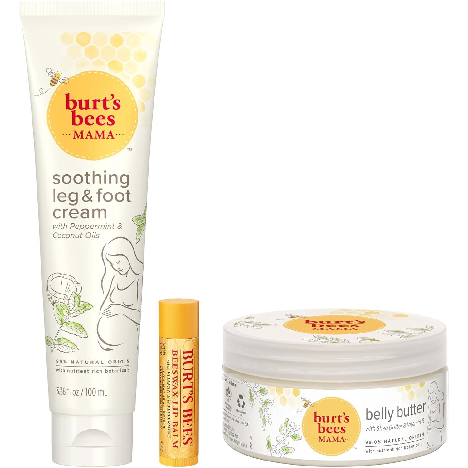 Burt's Bees Pregnancy Essentials Christmas Gifts Set, 3 Baby Shower Products And Must Have Baby Registry Items, Nourishing Skincare For Mom To Be - Mama Belly Butter, Original Lip Balm, Leg And Foot Cream,