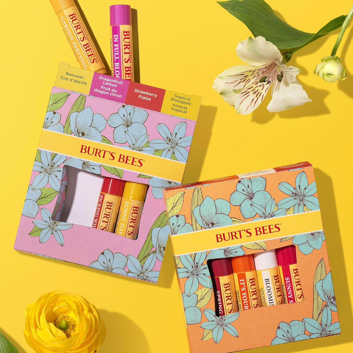 Burt's Bees Valentines Day Gifts Ideas - In Full Bloom Lip Balm Set, Original Beeswax, Dragonfruit Lemon, Tropical Pineapple And Strawberry, Natural Origin Lip Treatment, 4 Tubes, 0.15 Oz.,