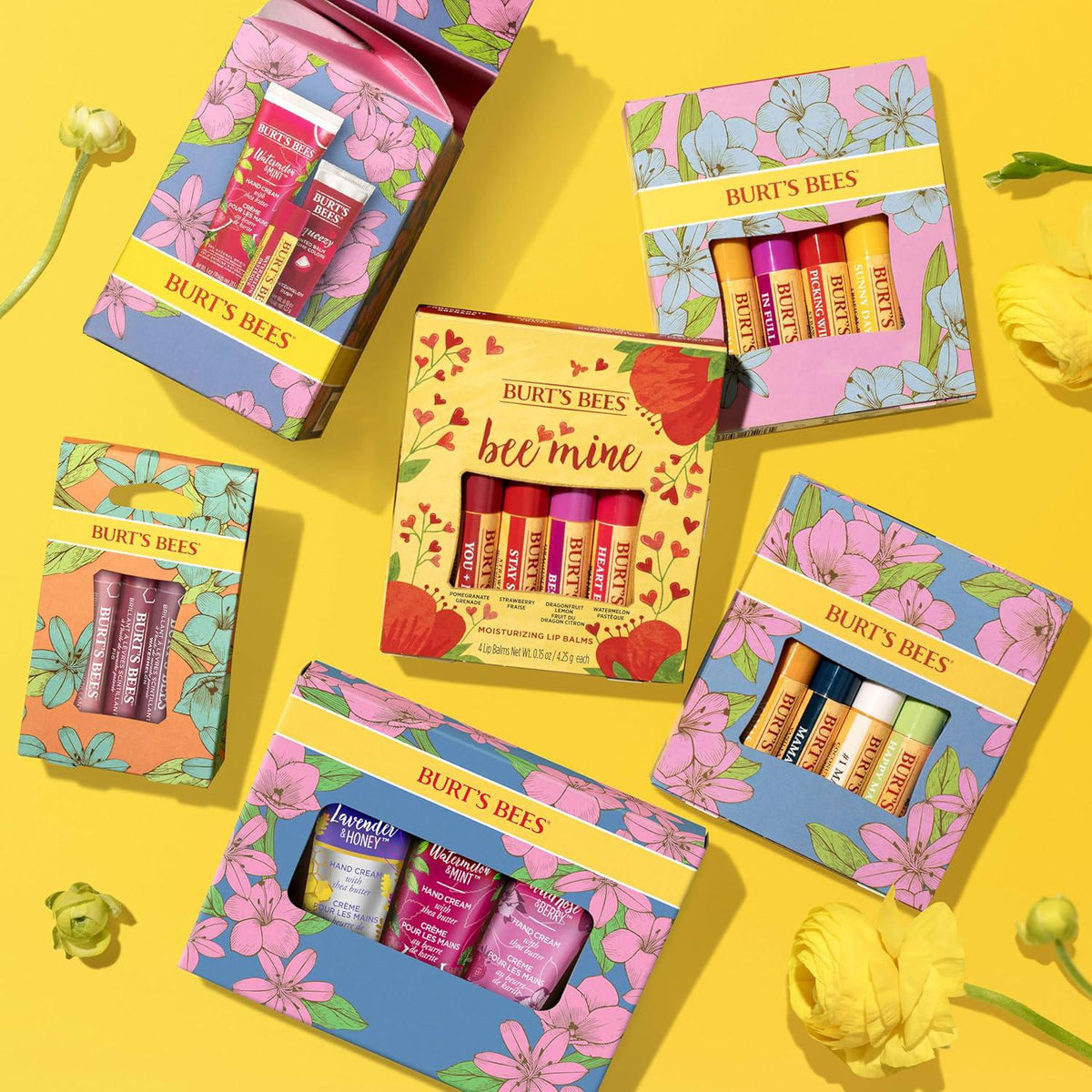 Burt's Bees Valentines Day Gifts Ideas - In Full Bloom Lip Balm Set, Original Beeswax, Dragonfruit Lemon, Tropical Pineapple And Strawberry, Natural Origin Lip Treatment, 4 Tubes, 0.15 Oz.,