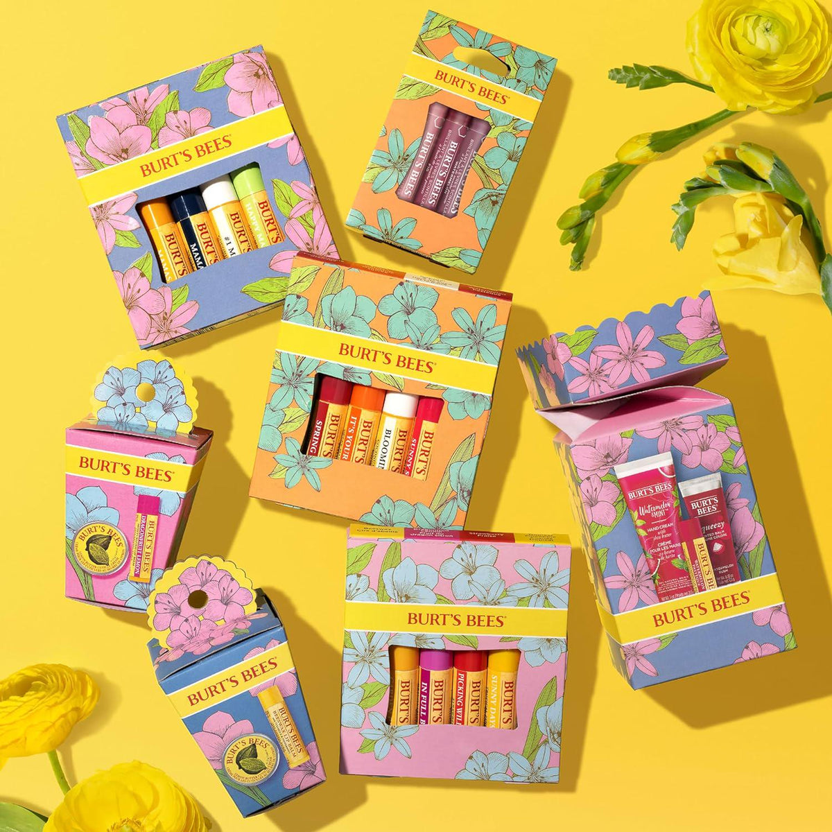 Burt's Bees Valentines Day Gifts Ideas - In Full Bloom Lip Balm Set, Original Beeswax, Dragonfruit Lemon, Tropical Pineapple And Strawberry, Natural Origin Lip Treatment, 4 Tubes, 0.15 Oz.,