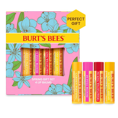 Burt's Bees Valentines Day Gifts Ideas - In Full Bloom Lip Balm Set, Original Beeswax, Dragonfruit Lemon, Tropical Pineapple And Strawberry, Natural Origin Lip Treatment, 4 Tubes, 0.15 Oz.,