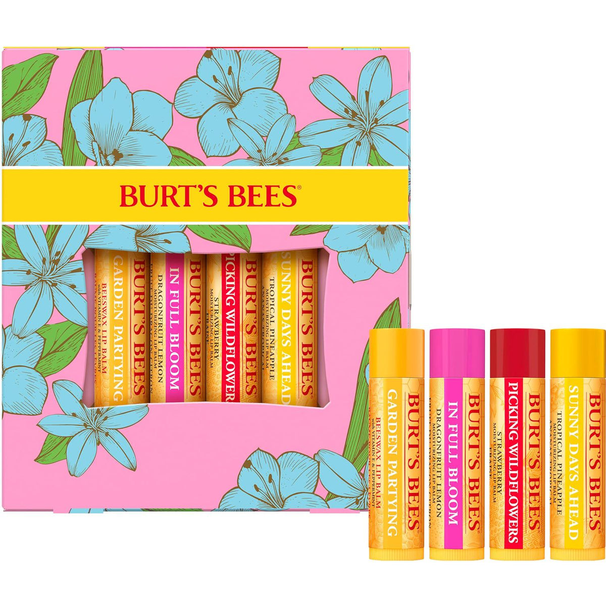 Burt's Bees Valentines Day Gifts Ideas - In Full Bloom Lip Balm Set, Original Beeswax, Dragonfruit Lemon, Tropical Pineapple And Strawberry, Natural Origin Lip Treatment, 4 Tubes, 0.15 Oz.,