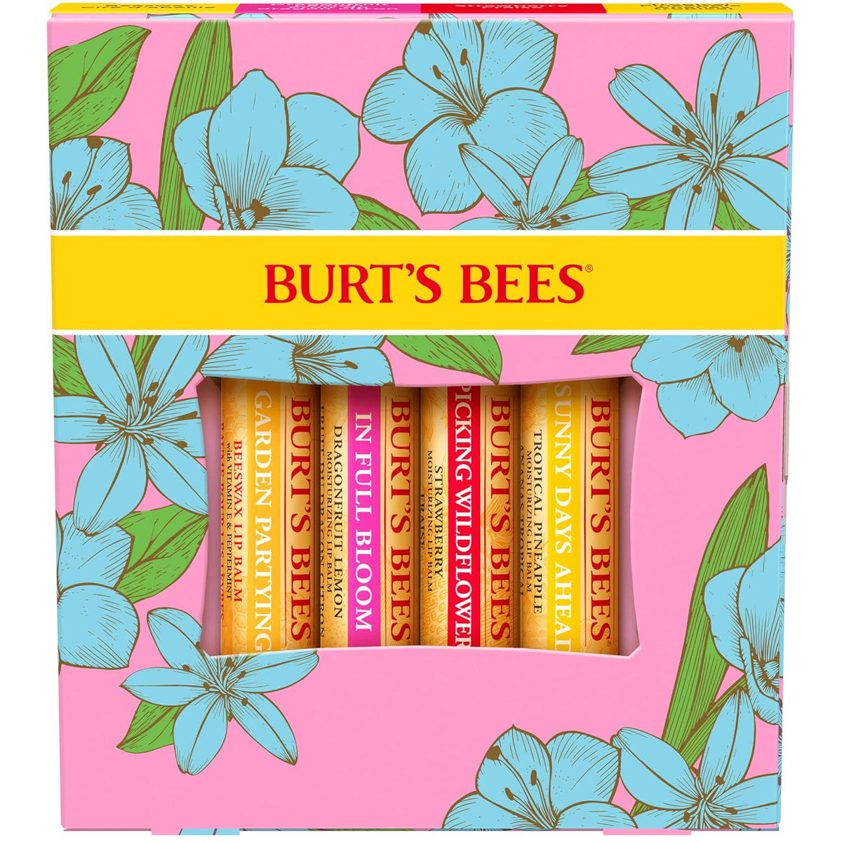 Burt's Bees Valentines Day Gifts Ideas - In Full Bloom Lip Balm Set, Original Beeswax, Dragonfruit Lemon, Tropical Pineapple And Strawberry, Natural Origin Lip Treatment, 4 Tubes, 0.15 Oz.,