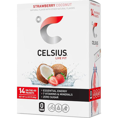 Celsius On-the-Go Powder Sticks, Strawberry Coconut, Essential Energy, 26oz, 14 Sticks per Pack