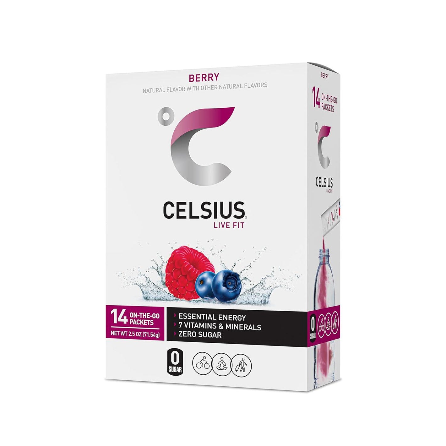 Celsius On-the-Go Powder Stick Packs, Zero Sugar, Berry, 25oz, Pack of 14