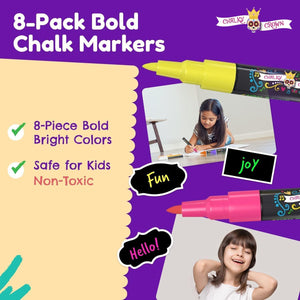 CHALKY CROWN Bold Chalk Markers - Dry Erase Marker Pens - Liquid Chalk Markers For Chalkboards, Signs, Windows, Blackboard, Glass - Reversible Tip (8 Pack) - (Multicolored, 1mm),