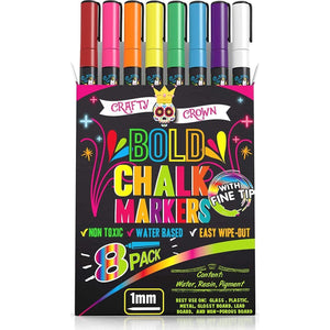 CHALKY CROWN Bold Chalk Markers - Dry Erase Marker Pens - Liquid Chalk Markers For Chalkboards, Signs, Windows, Blackboard, Glass - Reversible Tip (8 Pack) - (Multicolored, 1mm),