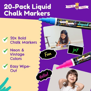 CHALKY CROWN Bold Chalk Markers - Dry Erase Marker Pens - Liquid Chalk Markers For Chalkboards, Signs, Windows, Blackboard, Glass - Reversible Tip (20 Pack) - (Multicolored, 6mm),