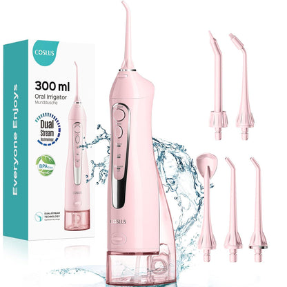 Coslus Water Dental Flosser, Portable Cordless Oral Irrigator, Rechargeable, IPX7 Waterproof, 300ml, Pink