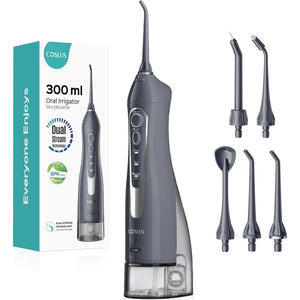 Coslus Cordless Water Dental Flosser, Portable Electric Oral Irrigator, 300ml Rechargeable, Waterproof, Grey