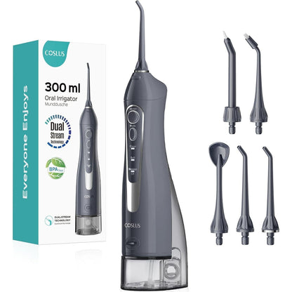 Coslus Cordless Water Dental Flosser, Portable Electric Oral Irrigator, 300ml Rechargeable, Waterproof, Grey