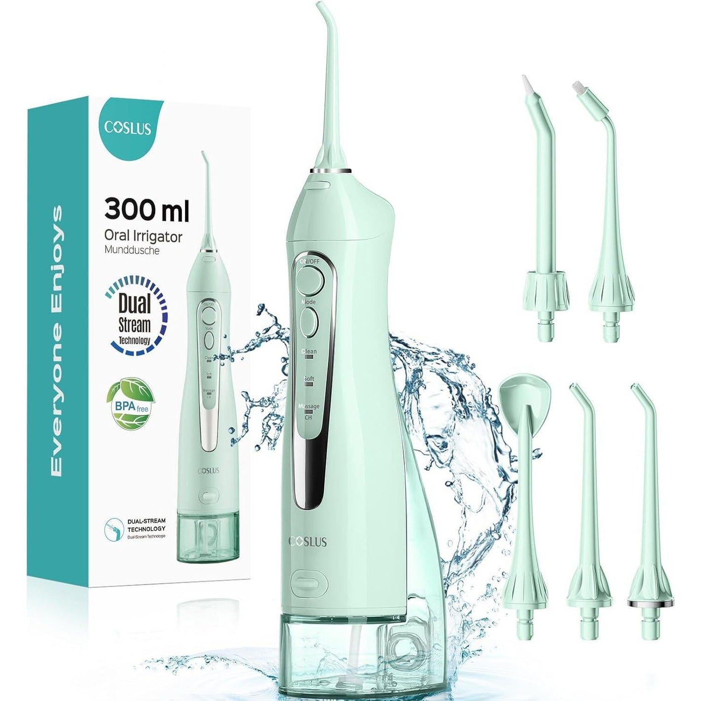 Coslus Water Dental Flosser, Cordless Oral Irrigator, 300ml Rechargeable, Waterproof, Travel-Friendly Teeth Cleaning Machine, Green