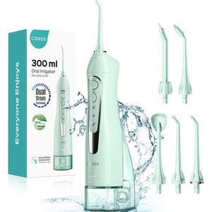 Coslus Water Dental Flosser, Cordless Oral Irrigator, 300ml Rechargeable, Waterproof, Travel-Friendly Teeth Cleaning Machine, Green