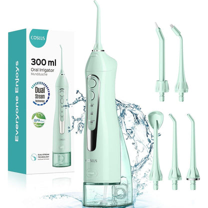 Coslus Water Dental Flosser, Cordless Oral Irrigator, 300ml Rechargeable, Waterproof, Travel-Friendly Teeth Cleaning Machine, Green