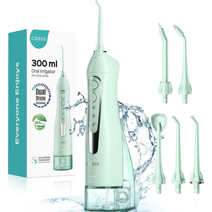 Coslus Water Dental Flosser, Cordless Oral Irrigator, 300ml Rechargeable, Waterproof, Travel-Friendly Teeth Cleaning Machine, Green