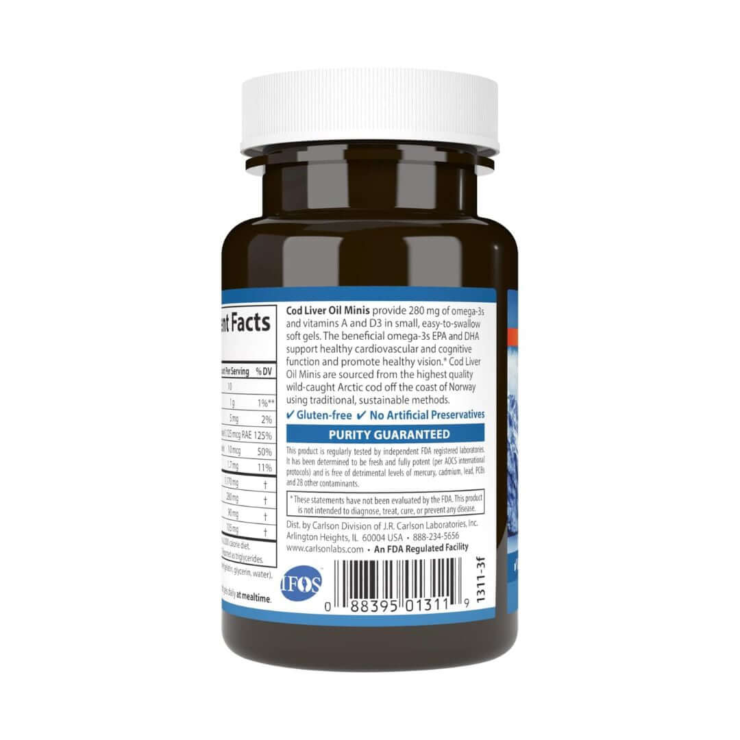 Carlson Wild Norwegian 280mg Omega-3s Cod Liver Oil 100 Mini Softgels,