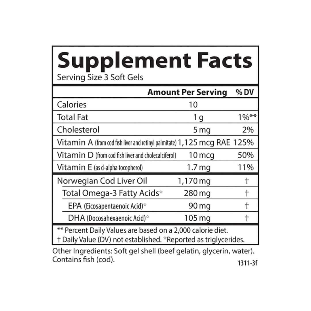 Carlson Wild Norwegian 280mg Omega-3s Cod Liver Oil 100 Mini Softgels,