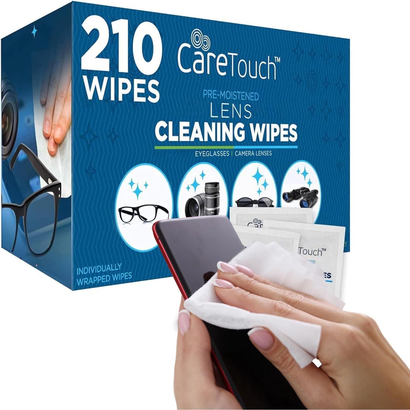 Care Touch Lens Wipes for Eyeglasses, 210 Individually Wrapped Pre-Moistened Wipes, 5x6 Inches, Gentle Cleaner for Glasses, Sunglasses & Screens