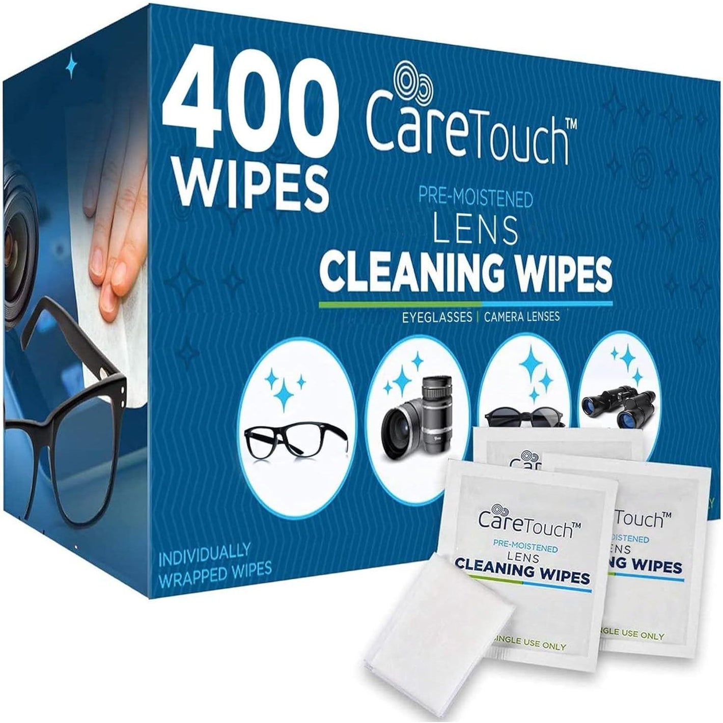 Care Touch Care Touch Lens Wipes For Eyeglasses - 400 Count Individually Wrapped Pre-Moistened Wipes, 4.5x11-Inch - Sunglasses, Screens, And Glasses Cleaner - Gentle And Portable For Cleaning Of Devices