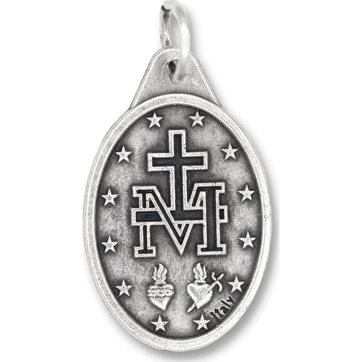 Caritas Et Fides Bulk Pack Of 10 - Miraculous Medal Pendant For Necklace -1 Oval Silver Oxidized Miraculous Medals Pendant For Necklace, Medals For Jewelry Catholic, Made In Italy,