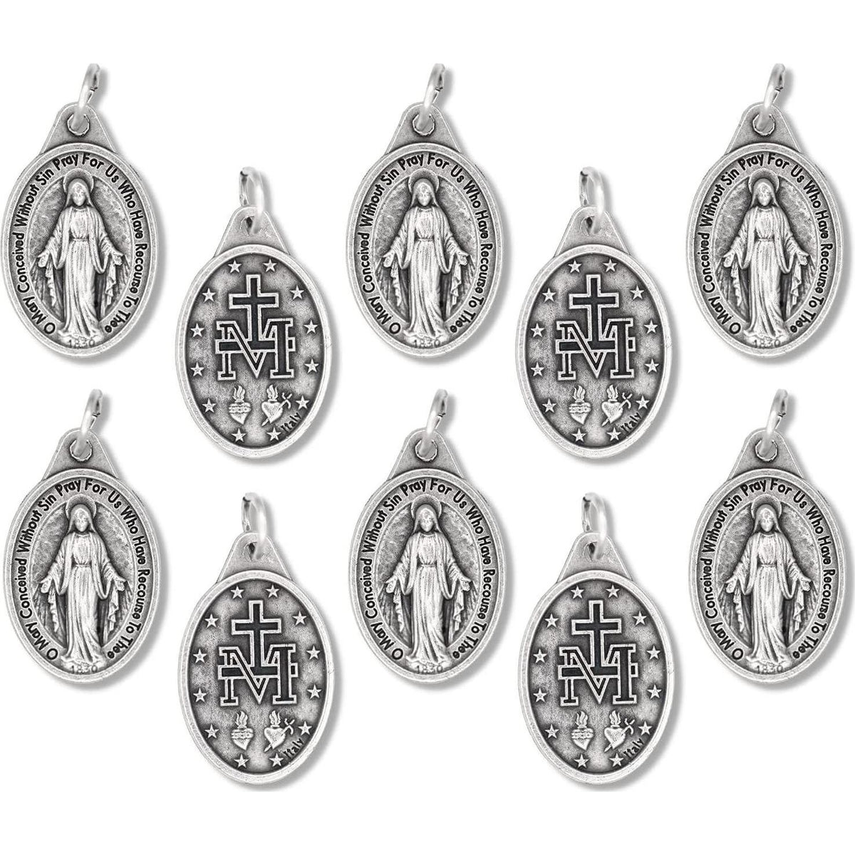 Caritas Et Fides Bulk Pack Of 10 - Miraculous Medal Pendant For Necklace -1 Oval Silver Oxidized Miraculous Medals Pendant For Necklace, Medals For Jewelry Catholic, Made In Italy,