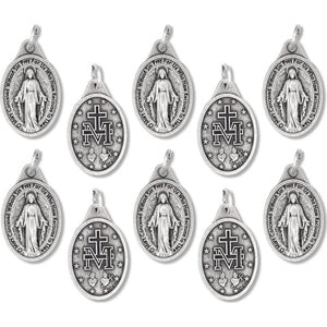 Caritas Et Fides Bulk Pack Of 10 - Miraculous Medal Pendant For Necklace -1 Oval Silver Oxidized Miraculous Medals Pendant For Necklace, Medals For Jewelry Catholic, Made In Italy,