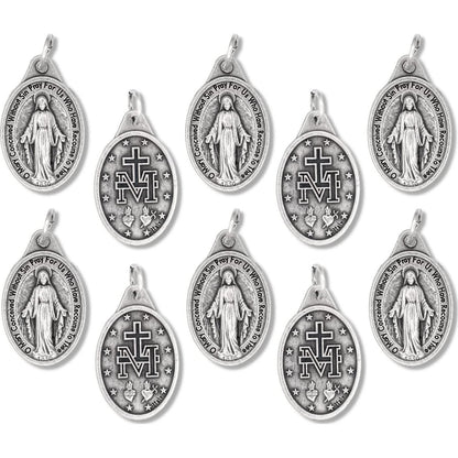 Caritas Et Fides Bulk Pack Of 10 - Miraculous Medal Pendant For Necklace -1 Oval Silver Oxidized Miraculous Medals Pendant For Necklace, Medals For Jewelry Catholic, Made In Italy,